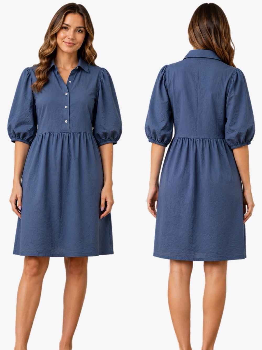 NWT Fensace Size XL Blue Puff Sleeve Button Front Knee Length Shirt Dress